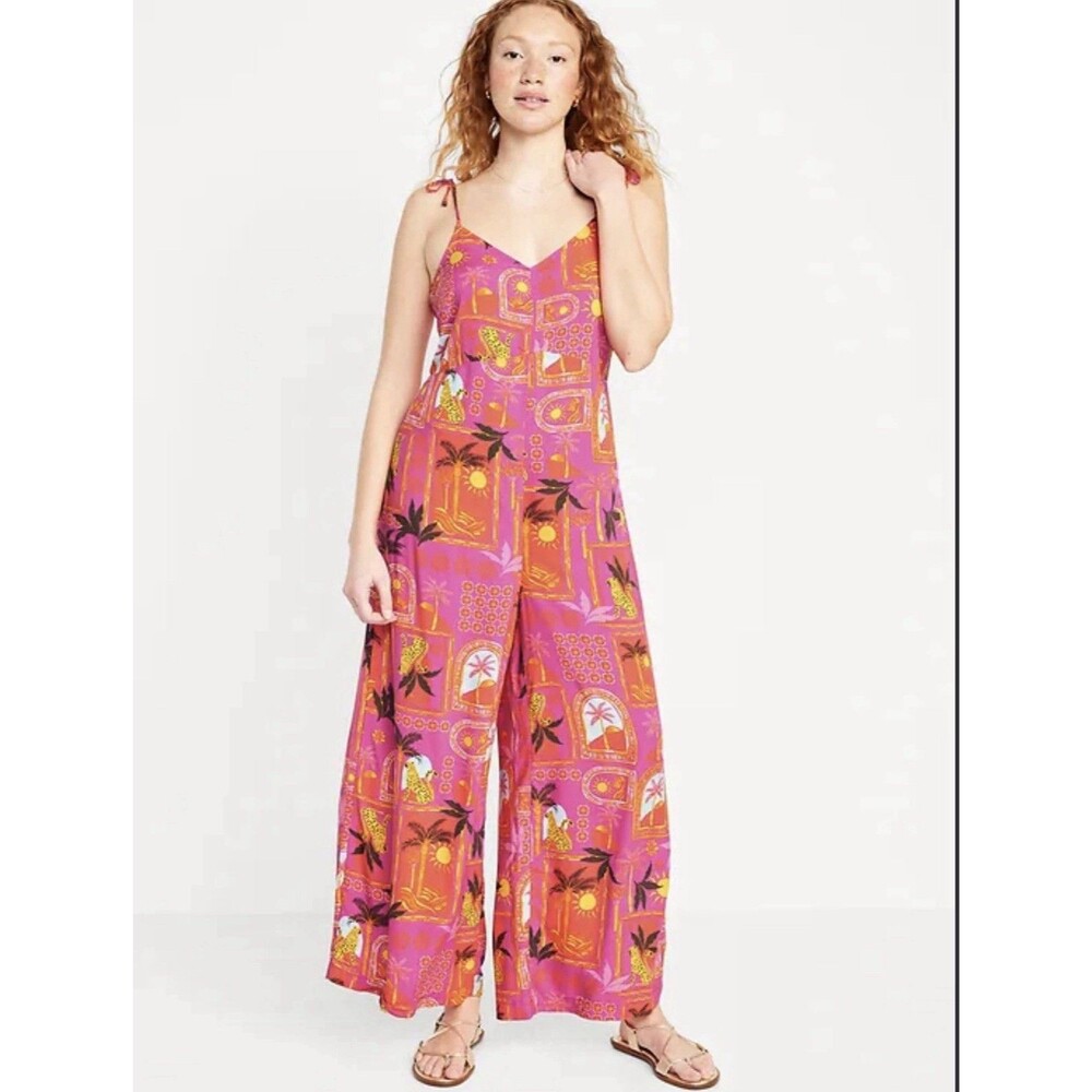 Old Navy Womens XS Petite Jumpsuit Tropical Leopard Palm Tree Wide Leg Tie Strap